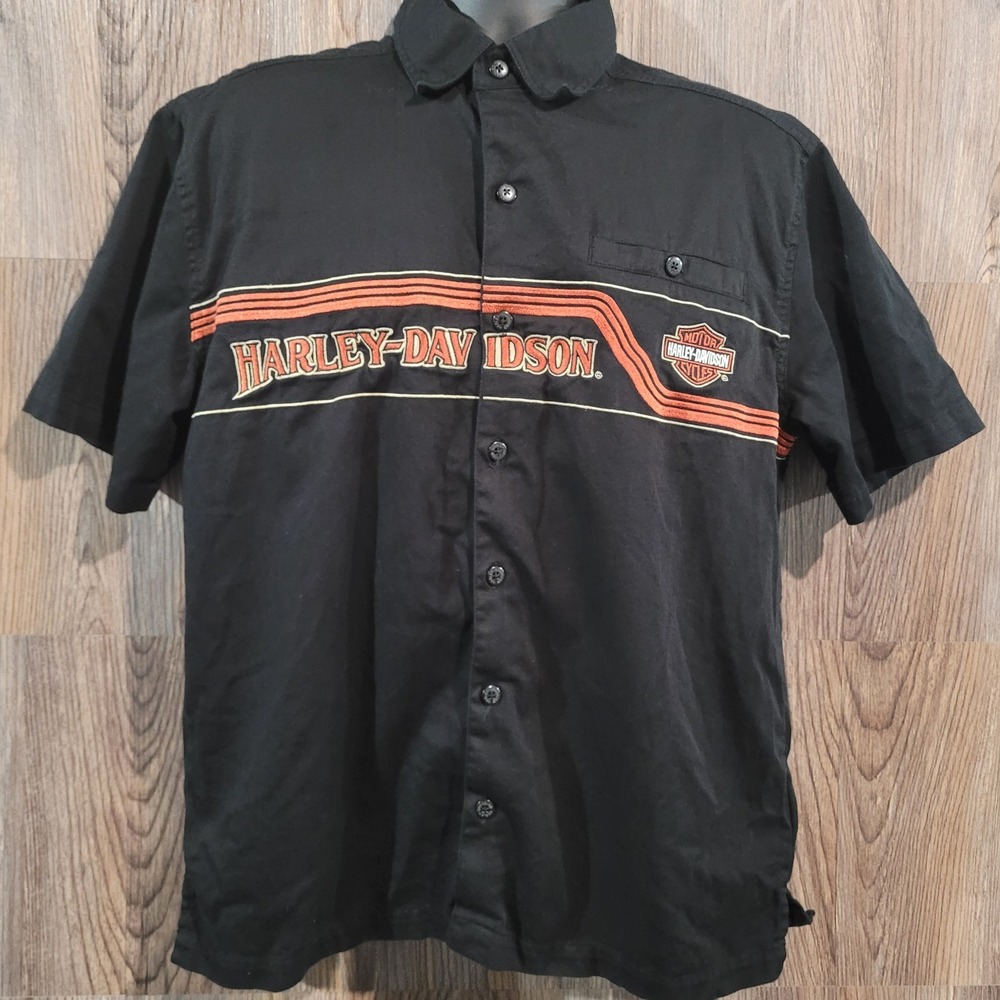 Harley Davidson Button Down Shirt Sz M Black Embroidered Logo SS Mechanic Shirt